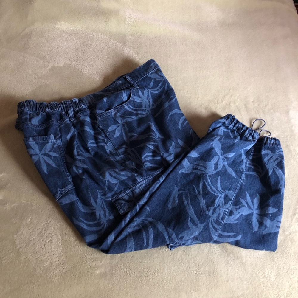 Lane Bryant jeans parachute cargo Petite Plus 22P pants denim blue leaf pattern - Picture 2 of 10